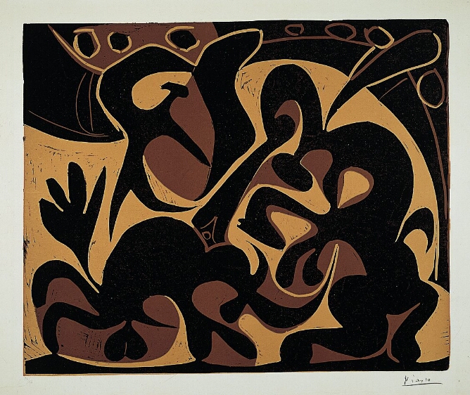 An abstract print of black fluid silhouettes of a figure and bull surrounded by brown and beige organic shapes
