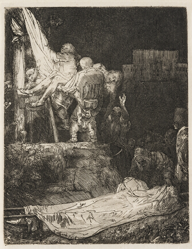 A black and white print of a man's lifeless body being lowered from a cross by figures. A man in shadow in the foreground covers a stretcher in cloth