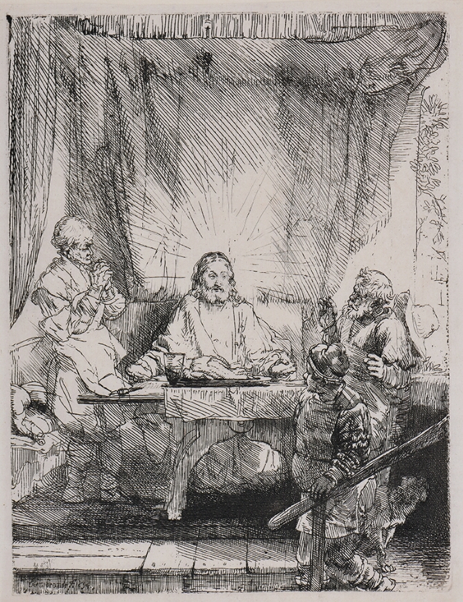 A black and white print of a man sitting at a table holding bread with rays of light around his head. To his right, another man stands with hands in prayers while two additional men witness
