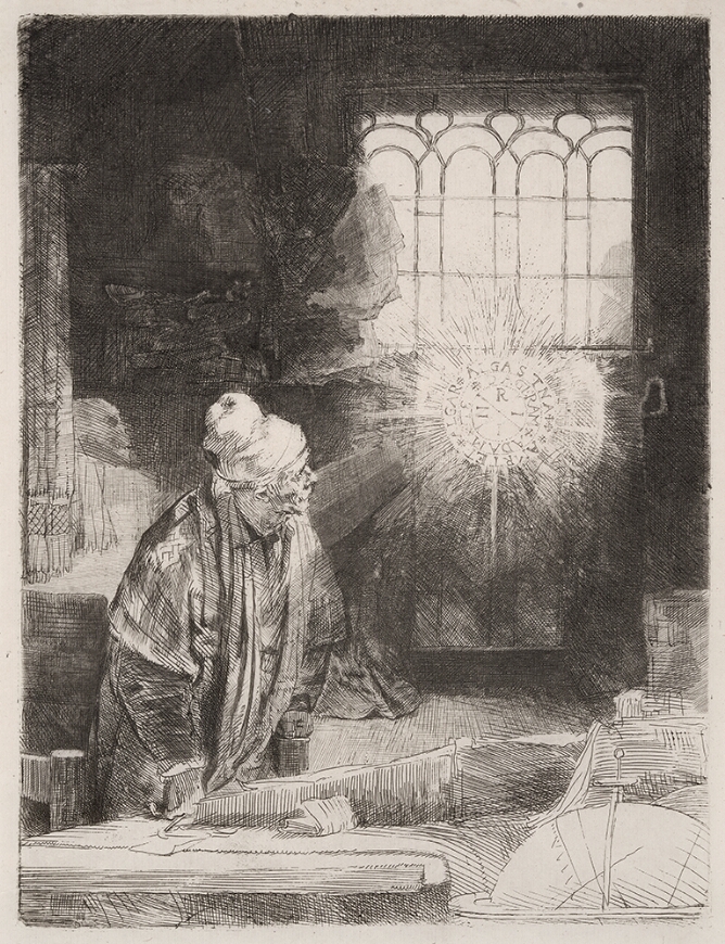 A black and white print of a standing man in a room looking up towards a window at a disk with rays of light around it. The disk bears an inscription that reads INRI in the center