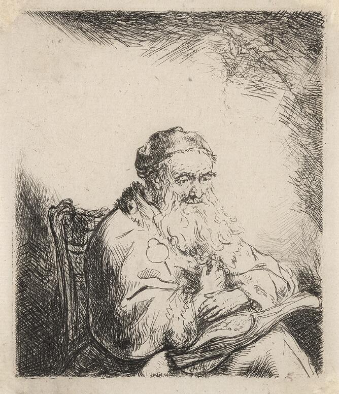 A black and white portrait of an older man with a long beard sitting in a chair shown from the waist up. He wears a coat with a clover print, holds his hand to his chest and a large book in his lap