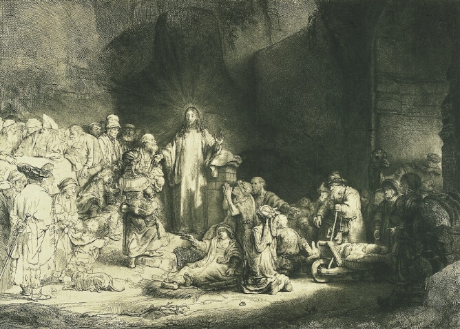 A black and white print of a standing man with soft rays of light around his head and figures surrounding him. One figure in a turban approaches him with a baby, while another figure lies on a trolley in an arched doorway