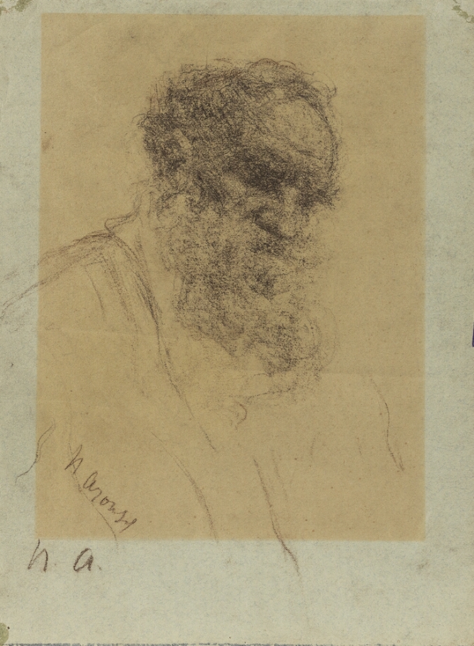 A mixed media, soft and hazy drawing of a bearded man's head in three-quarter view
