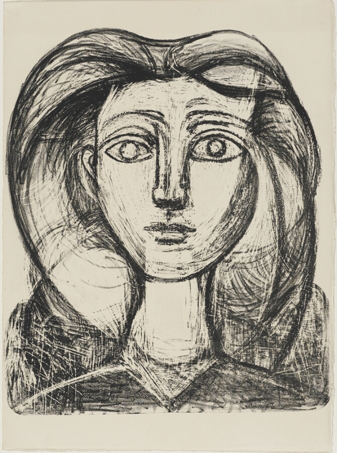 A black and white abstract portrait of a girl shown from the shoulders up with traces of a second and third eyebrow on her left side