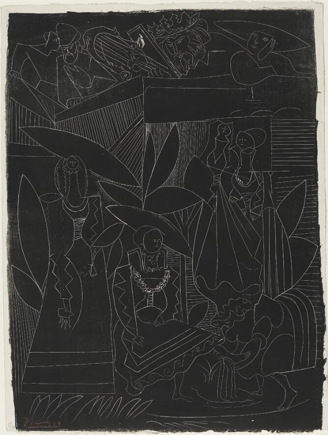 An abstract, mostly black print with areas of white thinly outlining a man with a harp, peering over a ledge to gaze at a sitting woman whose foot is being washed by another woman, while three other women stand behind them
