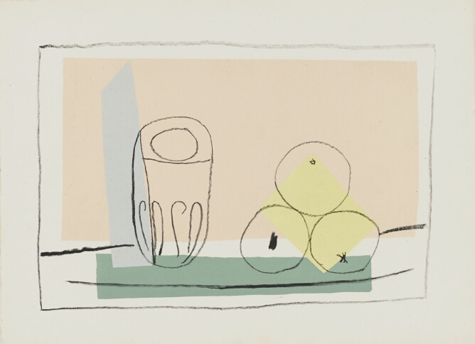 An abstract print of a cup beside three apples on a table in black line, layered over pale green, pink, blue and yellow rectangular shapes