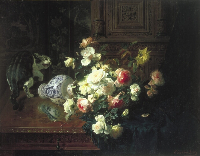 Floral Still Life with a Cat