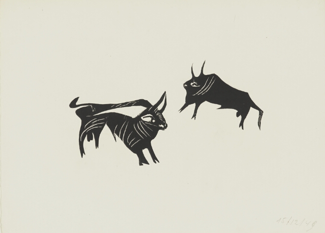 A black and white print of two standing bulls facing each other