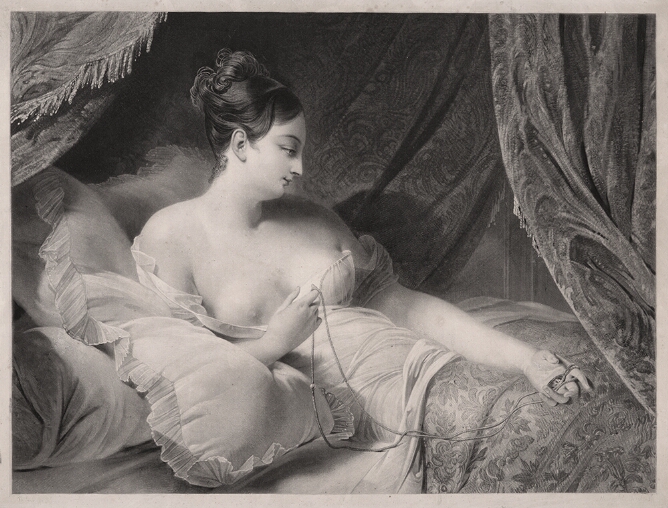 A black and white print of a partially nude woman reclining in bed looking down at a pendant she holds