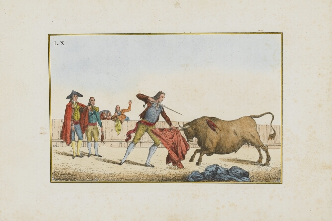 A color print of a standing man holding a cape and a sword towards a charging bull, while other figures witness