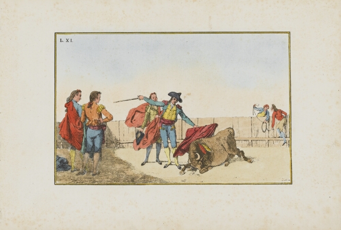 A color print of a standing man with a sword and a red cloth on a stick standing beside a fallen bull, while other figures witness