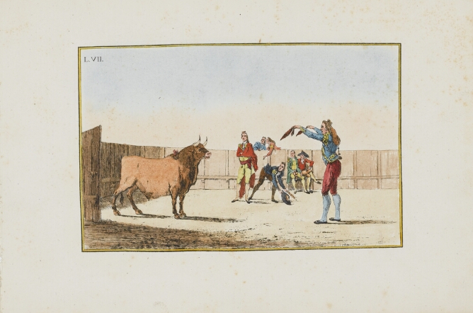 A color print of a standing man in a bullring, holding out two decorated darts towards a standing bull, while figures watch
