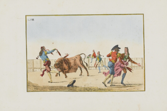 A color print of a man in a bullring running and holding out two decorated darts towards a charging bull, while two men move away