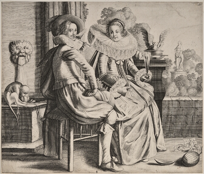 A black and white print of a man smoking a pipe and a woman with a large ruff or collar, holding a glass, sitting in chairs by a fountain with a melon on the floor before them. A monkey eats behind them