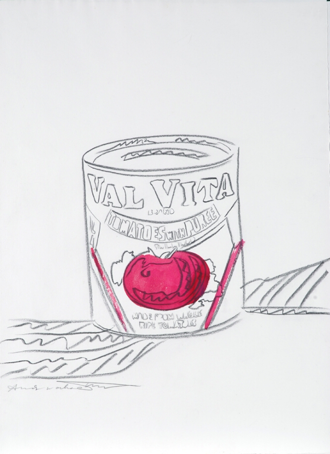 A mixed media drawing of a can with the text "Val Vita Tomatoes with Puree" and a red tomatoe at center