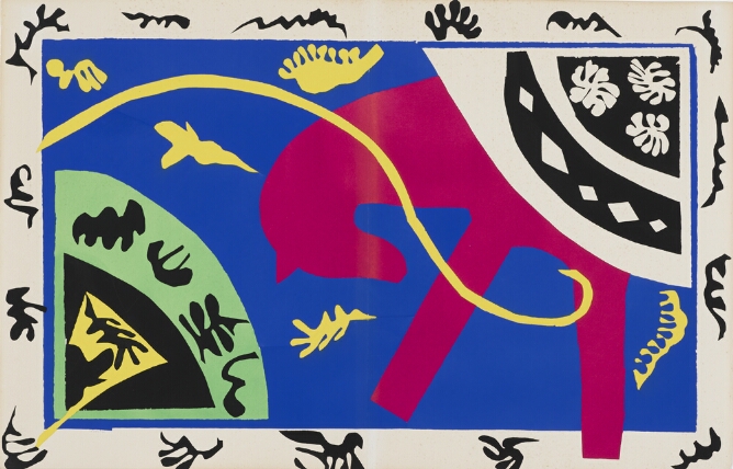 A colorful abstract print of the upper body of a pink horse with decorative elements against a blue background within an embellished white and black border. Across the scene, a yellow line curves