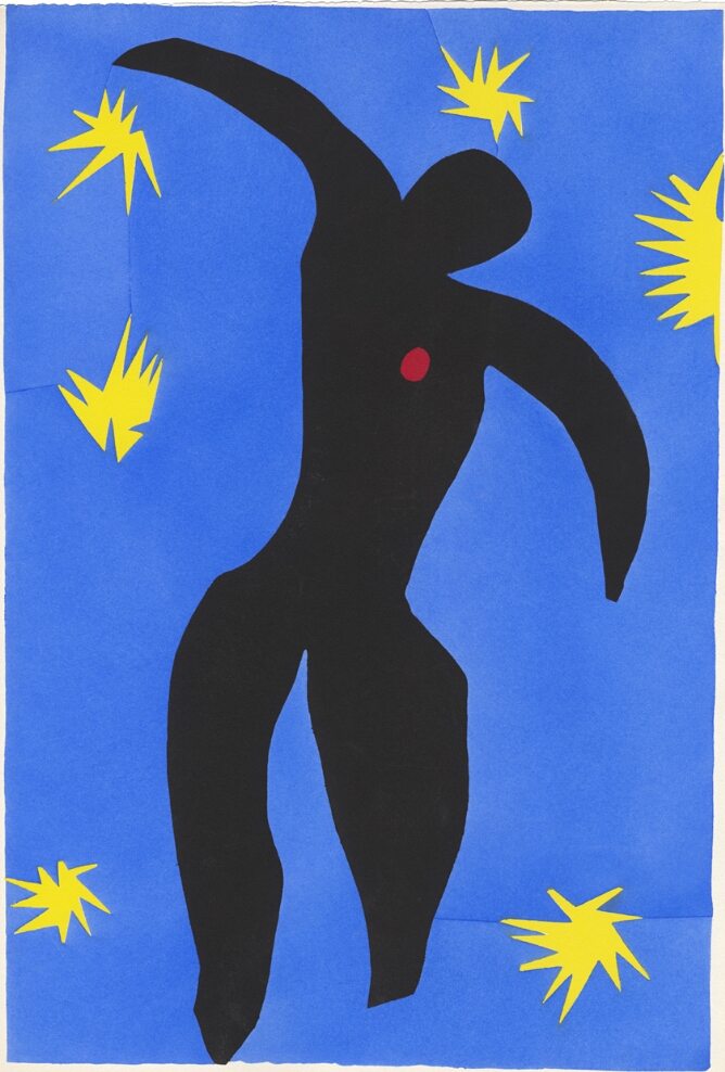 An abstract print featuring a black silhouette of a standing figure floating against a blue background with yellow stars