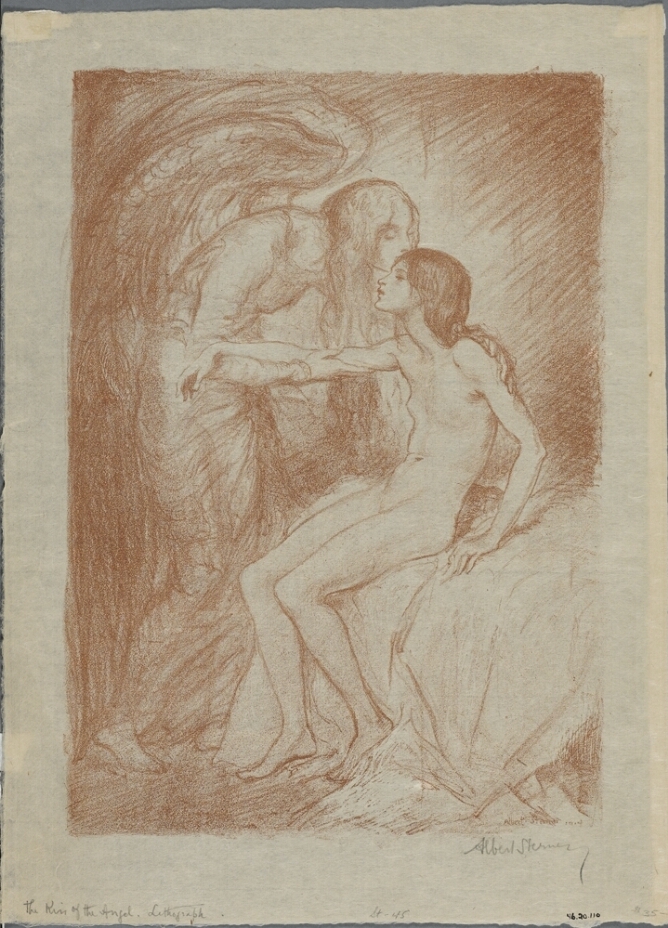 A color print of a standing angel kissing the head and holding the arm of a nude young woman sitting on a bed