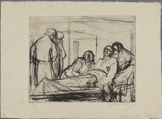 A black and white print of a figure supporting another figure from behind as they lie in bed, with a third figure assisting. Two standing figures witness