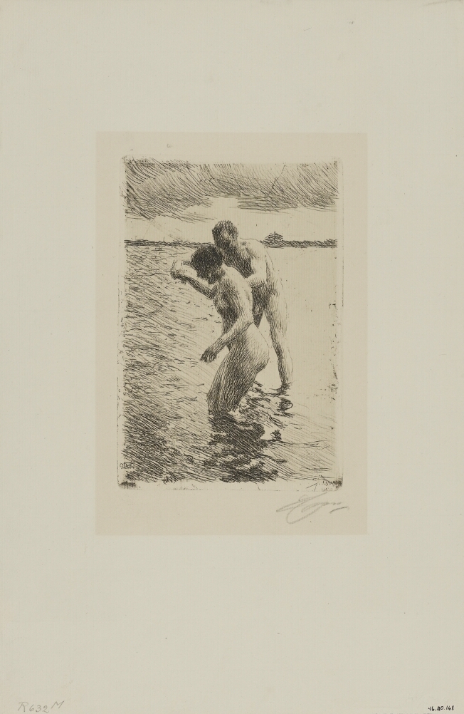 A black and white print of a nude woman and man holding hands and walking through shallow water
