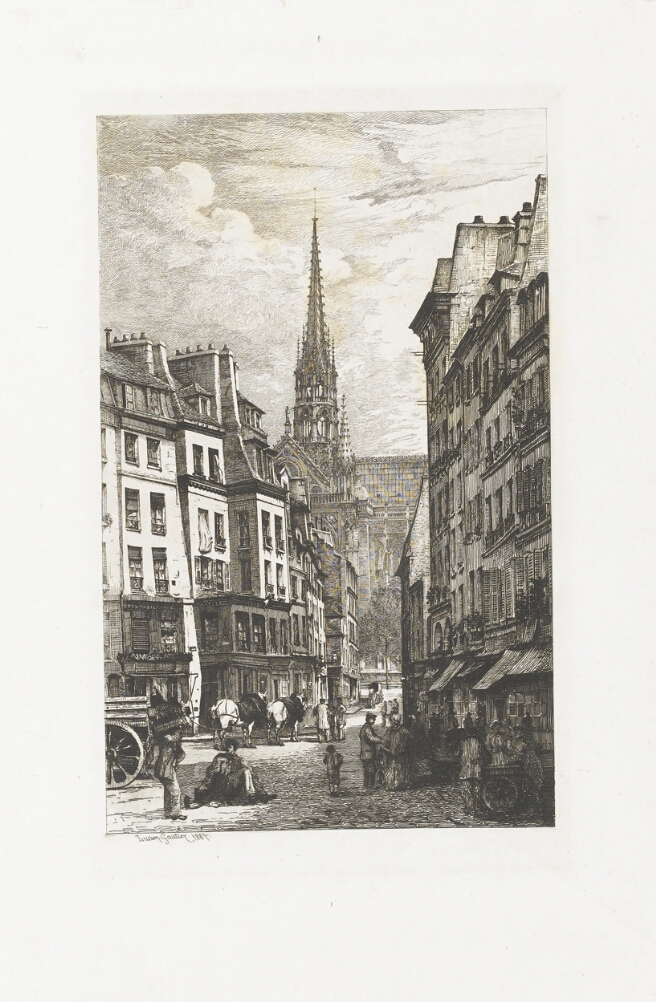 A black and white print of a city street with figures and horses. In the background, a building with a spire