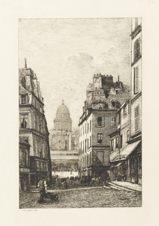 A black and white print of a city street with figures, carriages and a domed building in the background