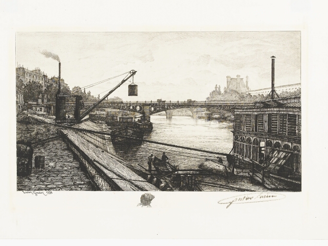 A black and white print featuring a view of a bridge over a river and a crane loading a boat, with figures standing by a rowboat in the foreground