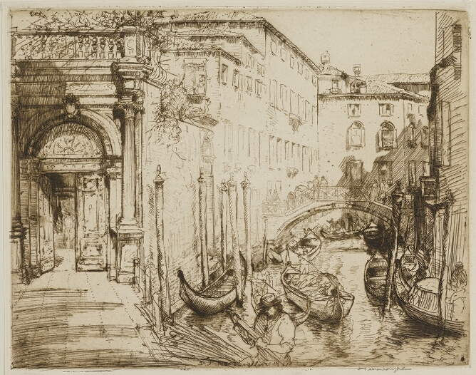 A black and white print featuring a view of a canal with gondolas beneath a bridge and an arched doorway of a palace to the viewer's left