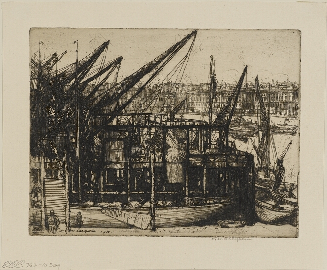 A black and white print of cranes surrounding a barge