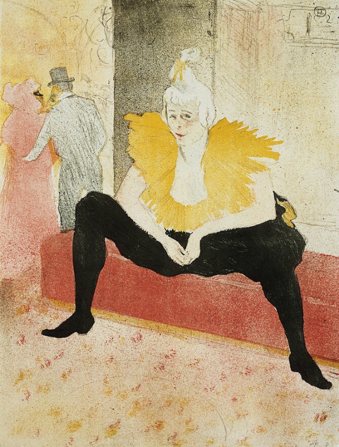 A color print of a woman wearing a large yellow collar and black stockings sitting on a red bench with legs apart and her elbows resting on her thighs