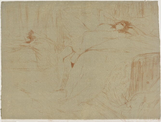 A color print of a woman lying perpendicular on a bed with her feet on the ground and hands behind her head