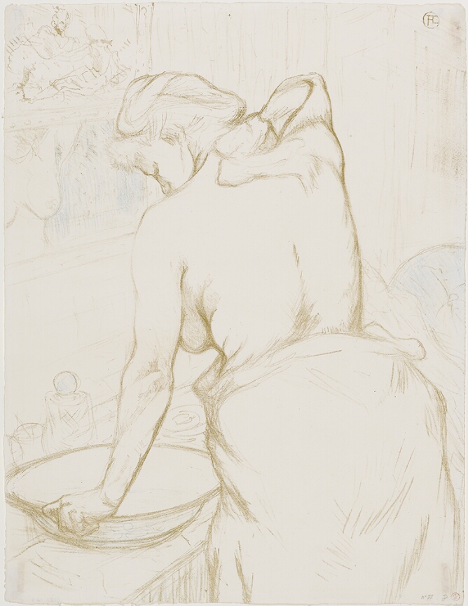 A color print of a standing woman seen from the back, her upper body nude, holding onto a water basin and washing the back of her neck
