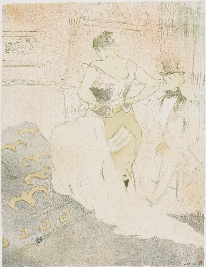 A color print of a standing woman in a room seen from the back, undoing her corset with her hands to her side, while a seated man to her right watches