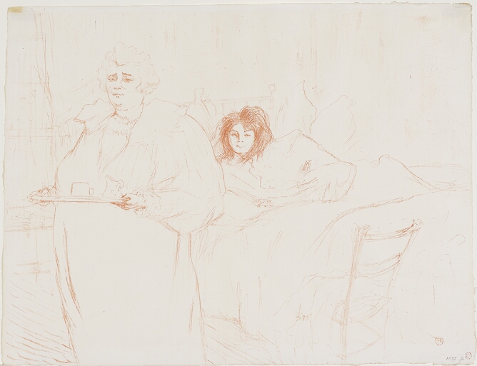 A color print of a standing woman with a tray, with a younger woman lying in bed behind her, both facing the viewer