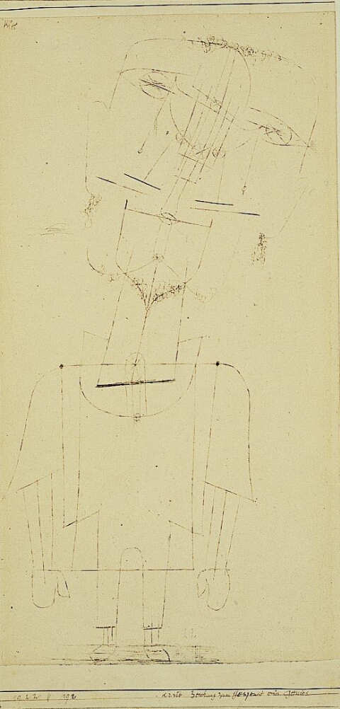 A black and white, abstract line drawing of a standing man