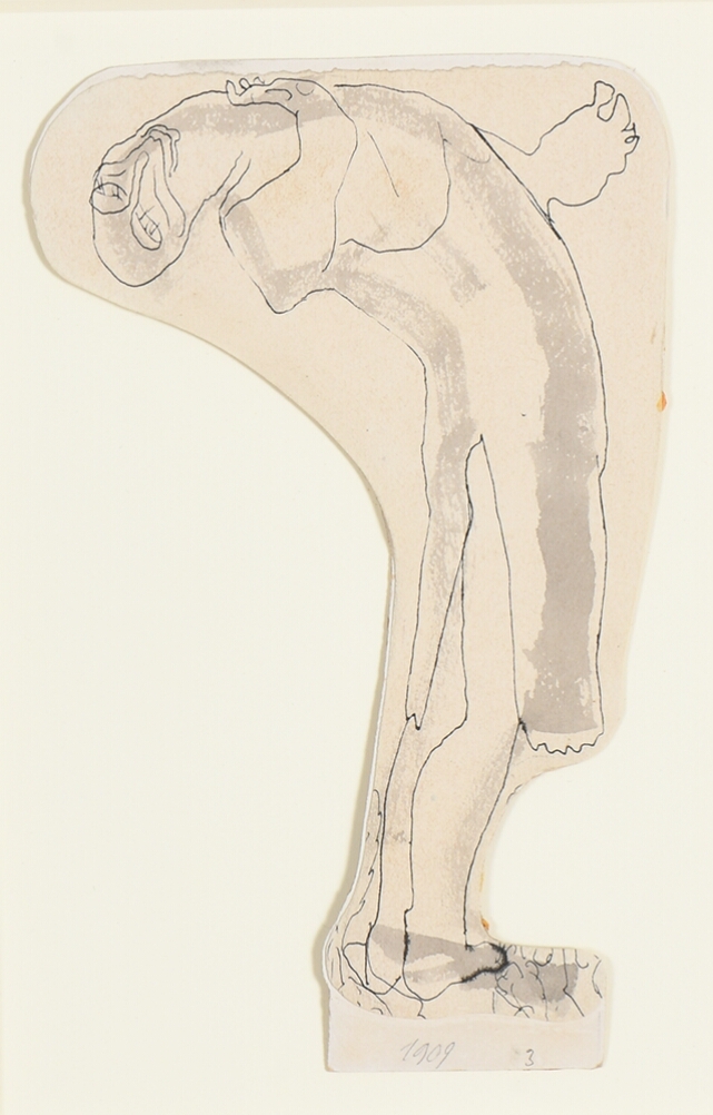 A mixed media, abstract drawing of a nude figure standing and arching backwards