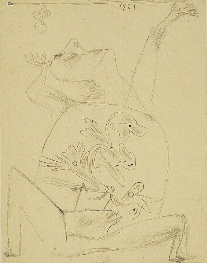 An abstract drawing of a squatting figure containing plant forms within its torso