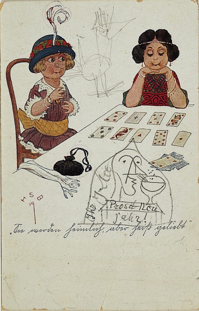 A drawing of two women dressed in 1920s fashion sitting at a table with playing cards
