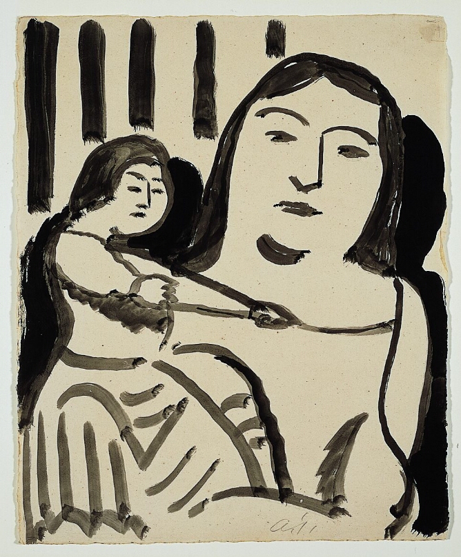 A bold, black and white drawing of a girl shown from the chest up, with a doll, in front of a striped background