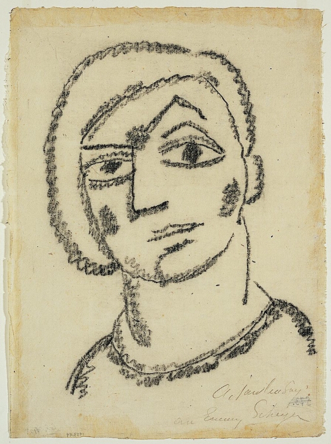 A black and white drawing of a woman shown from the shoulders up, with a raised eyebrow
