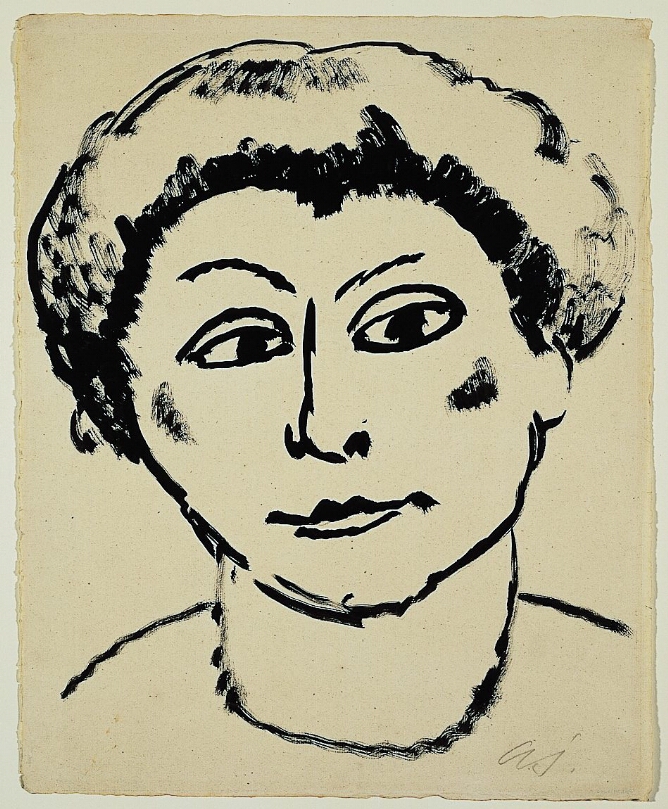 A bold, black and white drawing of a woman shown from the shoulders up, with a slight smile