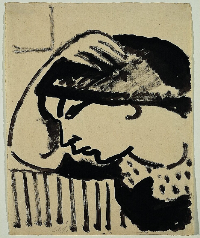 A bold, black and white drawing of a figure in profile, shown from the chest up, resting their head in their arm