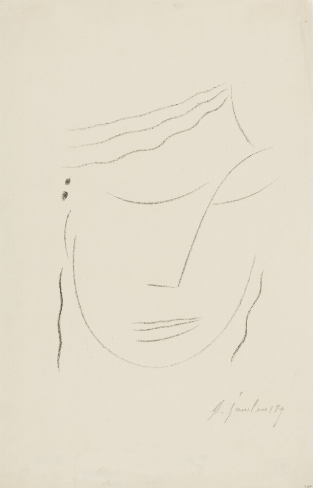 A black and white abstract print of a head with eyes closed, slightly tilting to the viewer's right, using minimal lines