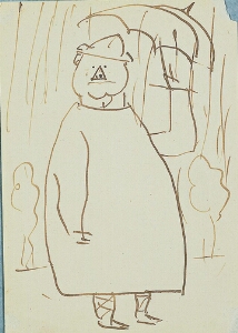 Self-Caricature, with Triangle Nose, Standing in Rain