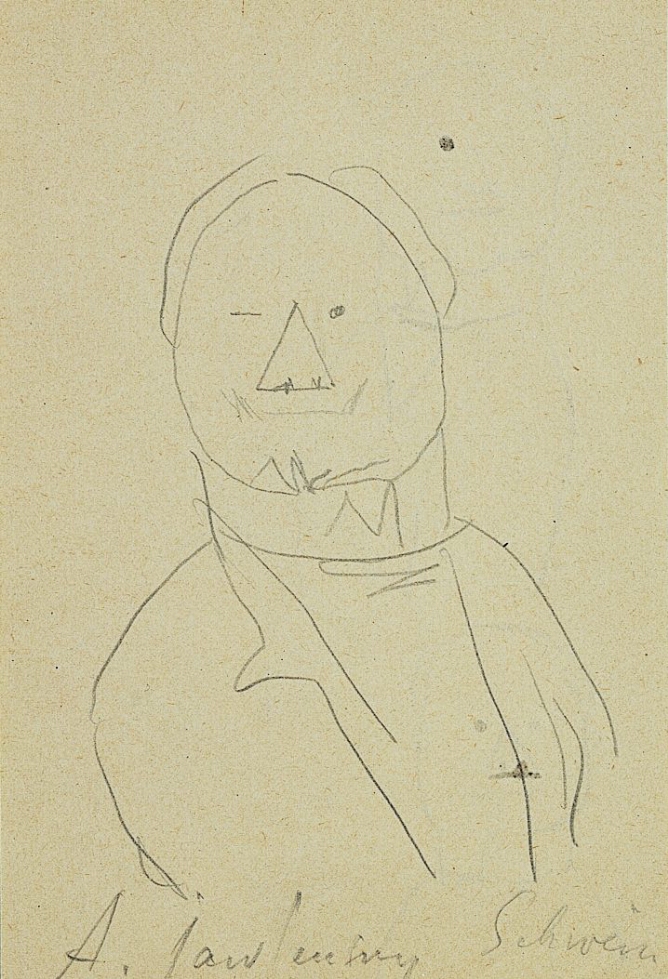 A black and white caricature drawing of a figure with a triangle nose, winking, shown from the waist up