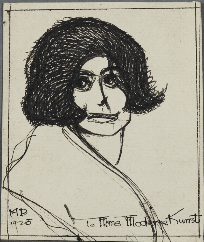 A black and white drawing of a woman with a dark short haircut, shown from the chest up