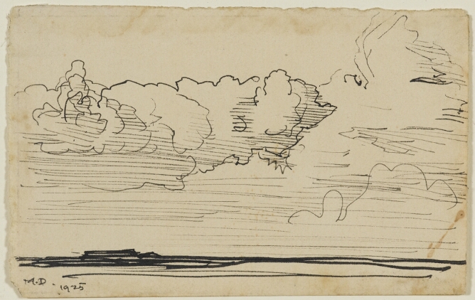 A black and white drawing of large clouds above a low horizon line
