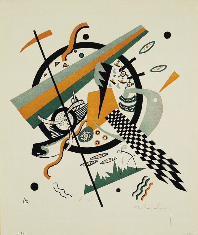 An abstract print of a black ring with rays of gray, light orange and green running across, and a black and white checkerboard design emerging from it, along with geometric shapes and lines