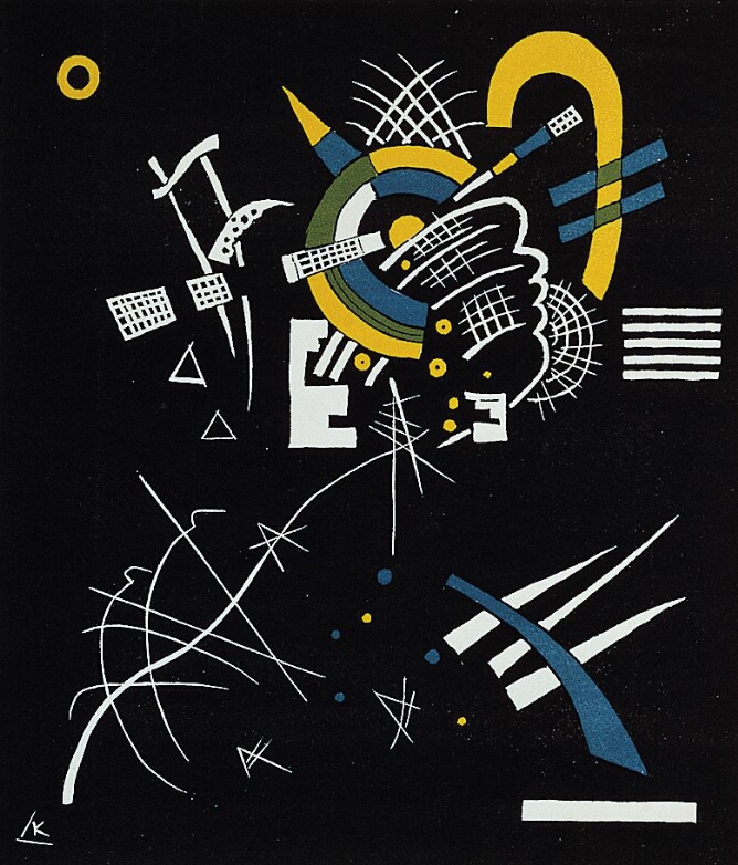An abstract print featuring yellow, green and blue arches and yellow circles among white cross-hatched, parallel and curving lines above intersecting white lines against a black background