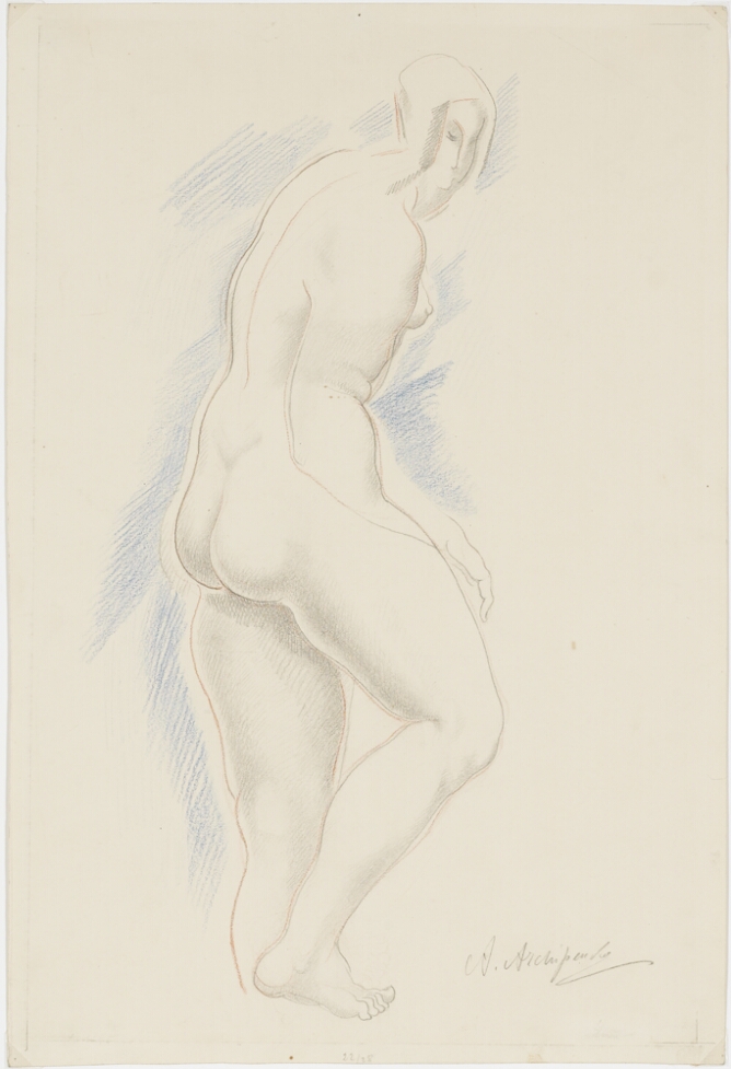 A drawing of a nude, standing woman shown from behind, turning towards the viewer. Her head is proportionally smaller than her body, with blue shading around her body